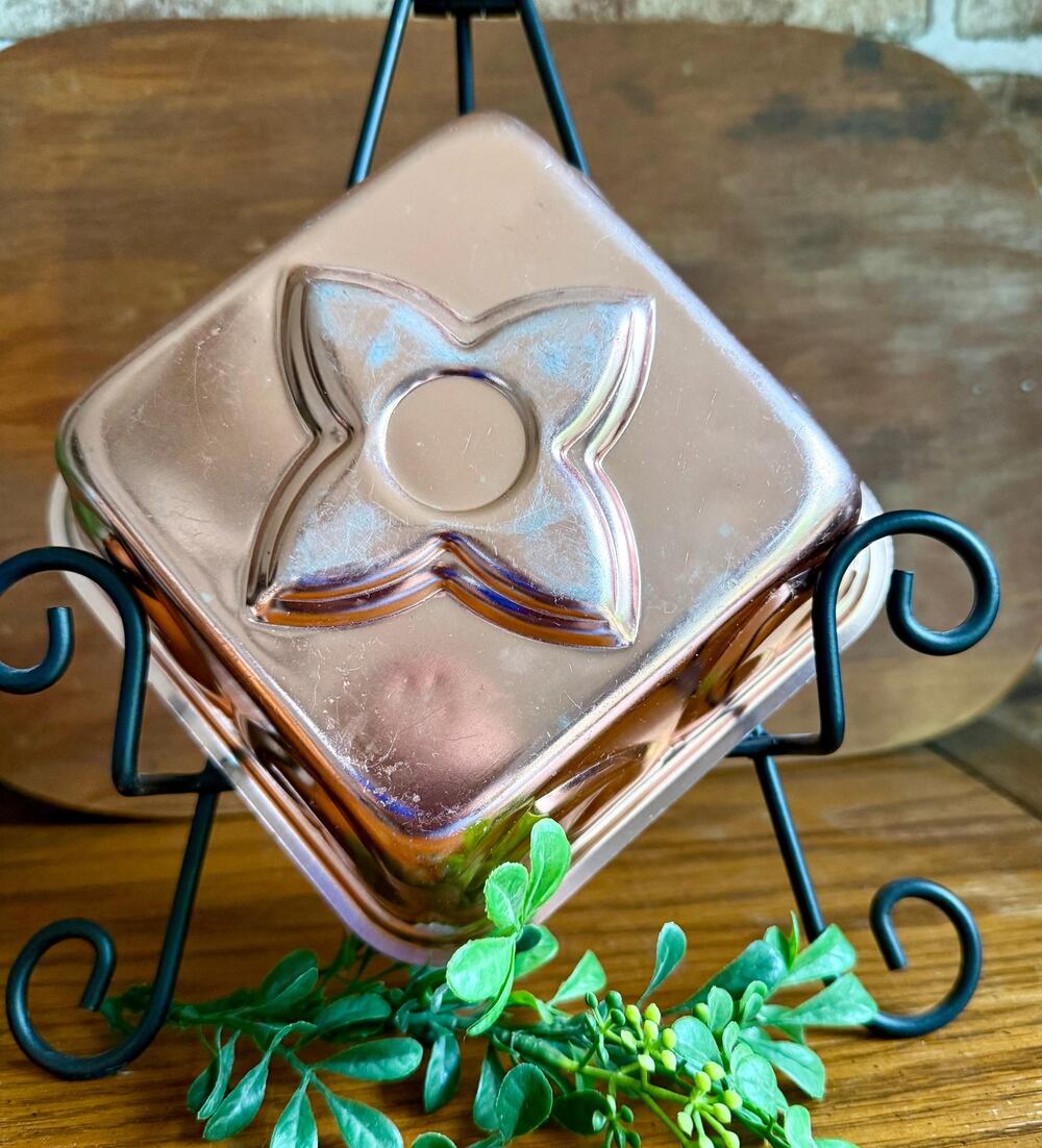 Vintage Square Copper Jello Mold | Geometric Floral Copper Dessert Mold